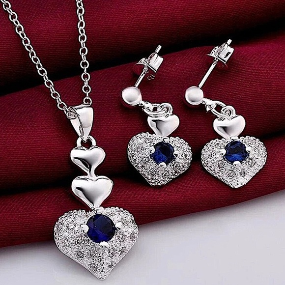 Sterling Silver Sapphire Heart Necklace Earrings Matching Set - Picture 1 of 6